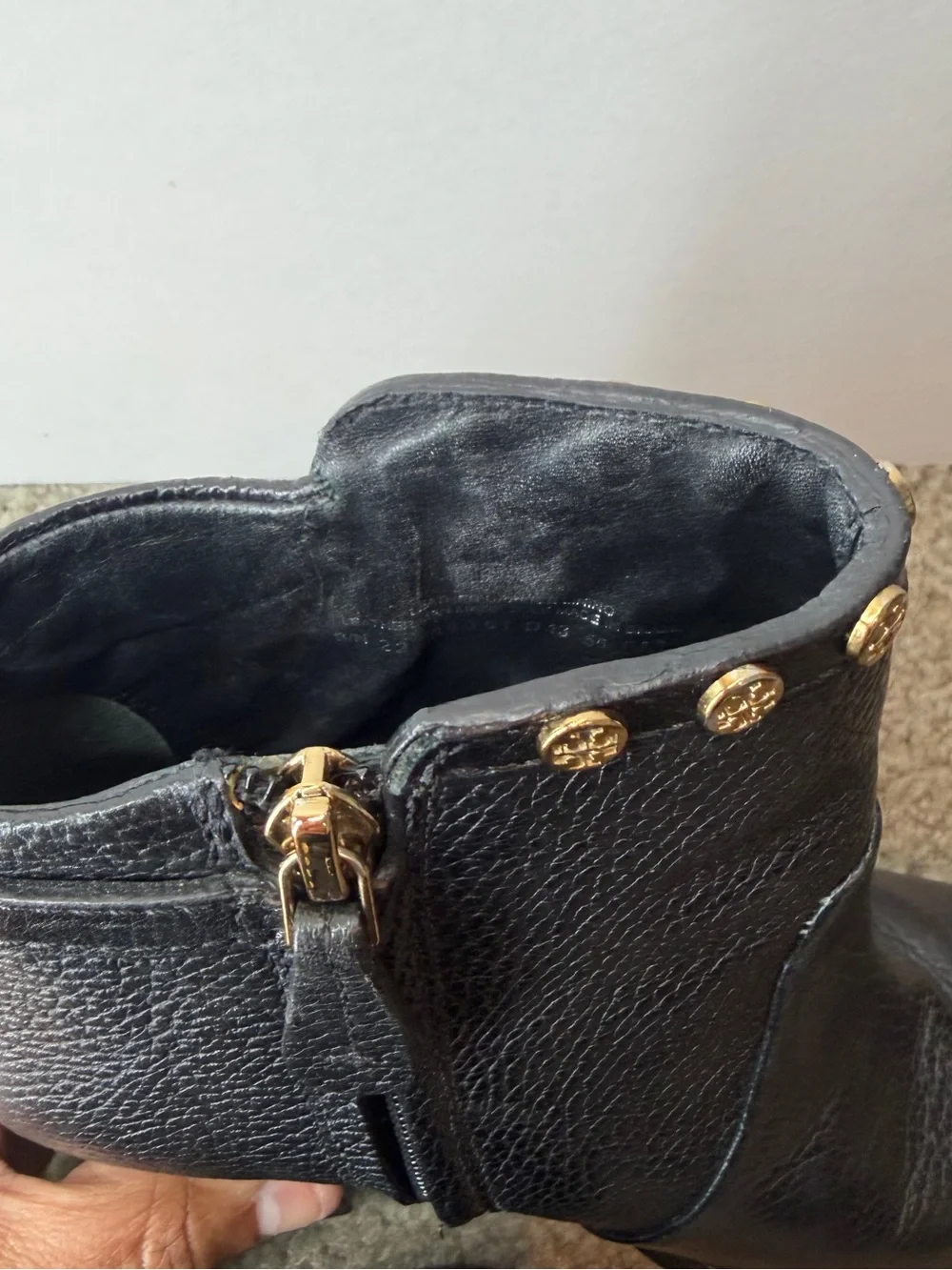 Tory Burch Black Pebbled Leather Studded Ankle Boots  5M